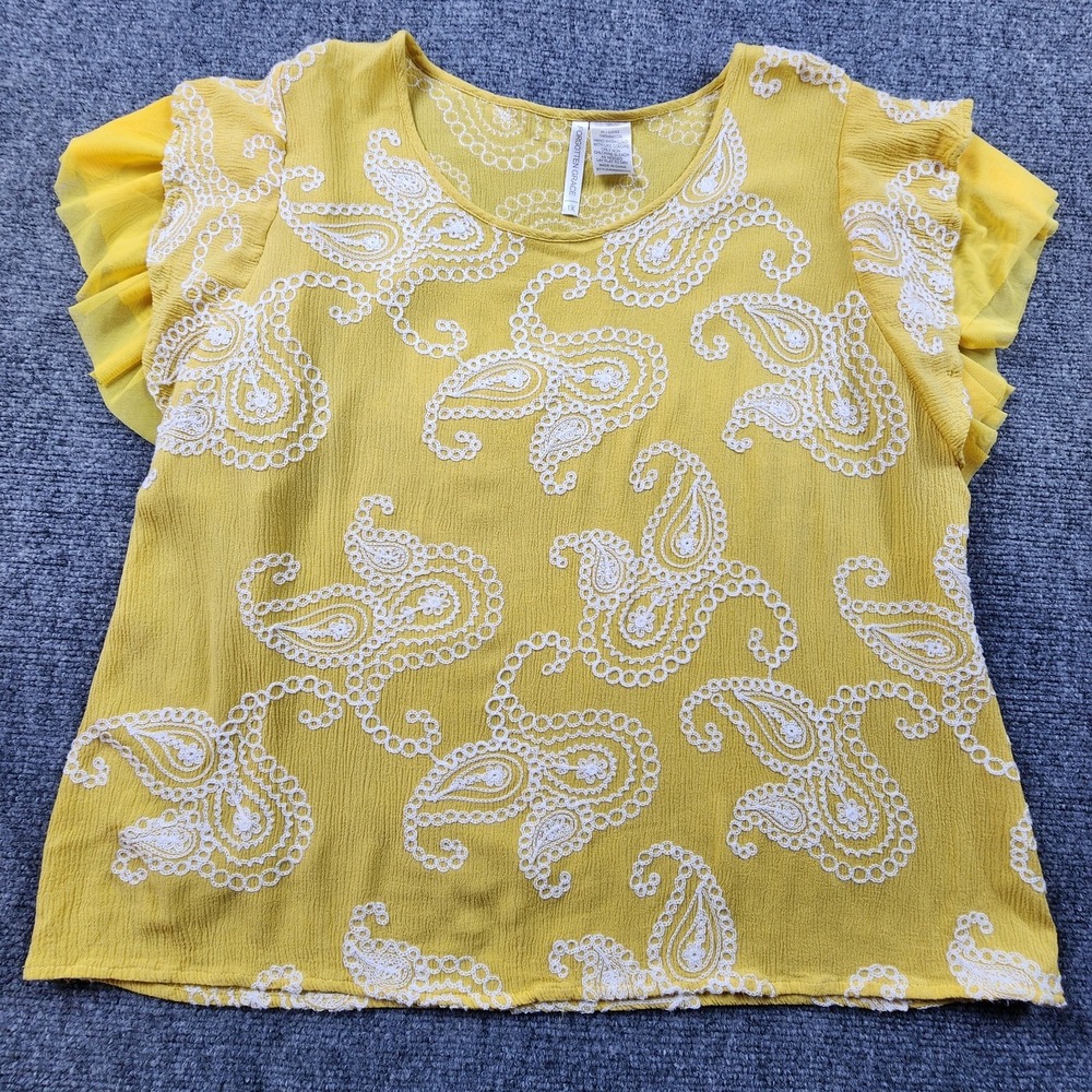 Forgotten Grace 1X Yellow Paisley Embroidered Ruffle Mesh Flowy Boho Top Shirt - Picture 8 of 11